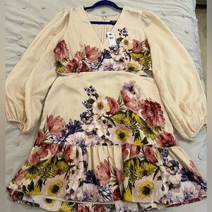 Express Floral V-Neck Long Puffy Sleeve Cutout Mini.  Size L. NWT